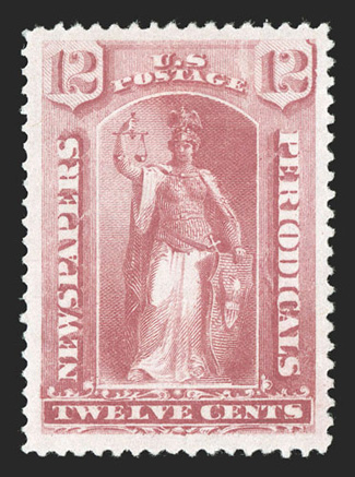 PR95, 12c Pink, an impressive mint example of this rare stamp, boasting extravagantly wide margins all around and being incredibly well centered amid these lavish borders,
wonderfully bright and fresh, full clean o.g., lightly hinged, trivial li