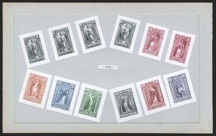 PR102-113P2, 1c-$100.00 Newspapers, small die proofs from the Roosevelt album still mounted on original grey card page, fresh and extremely fine only 85 sets were
produced.