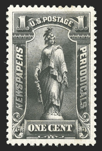 PR102, 1c Black, excellent centering within lavishly large margins, rich luxuriant color and a highly detailed impression, o.g., lightly hinged, extremely fine and choice 2010
PSE certificate (XF-Superb 95 Jumbo OGph SMQ $760.00 for 95, the hi