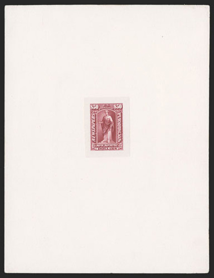 PR106-112P1, 25c-$50.00 Newspapers, large die proofs on India paper, all but one $24.00 mounted on various sized cards, including several full sized, with duplicates of 25c,
50c, $10.00 and $20.00, the first two different shades (trial colors?),