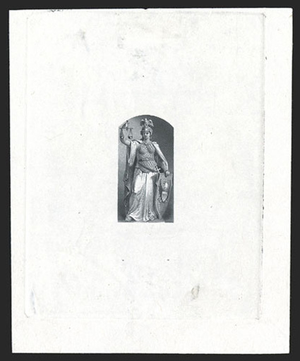 PR106-E1, (25c) Black, vignette die essay on India paper, 67x81mm, off card but including the full die sinkage area, showing an incomplete engraving of the vignette only, being
a transfer of Continental Bank Note Co. die for 72c with left side c