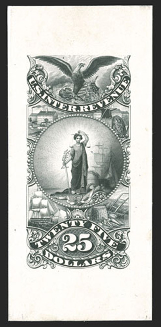 Turner Essay 78, $25.00 Maryland arms vignette, die essay in black on India paper mounted on 42x91mm card, fresh color, very fine and quite scarce ex-Deats, Brazer and
Joyce.