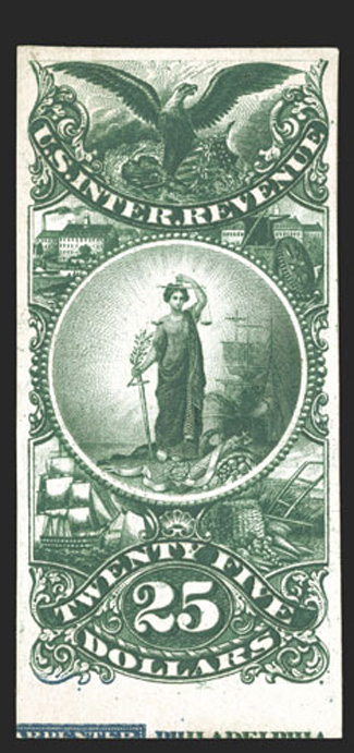 Turner Essay 78-A, $25.00 Maryland arms vignette, plate essays in all five colors cplt., blue, dark blue, brown, green and plum, all with large to huge margins, clean and
fresh, green with part imprint in the bottom margin, extremely fine set.