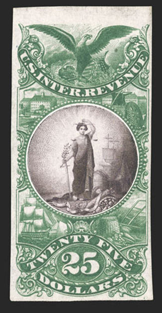 Turner Essay 78-B, $25.00 Maryland arms vignette, bi-colored plate essay in green and purple on India paper, top margin single, with ample to large margins on the other three
sides, luxuriant colors, very fine and attractive.