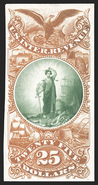 Turner Essay 78-B, $25.00 Maryland arms vignette, bi-colored plate essay in orange and green on India paper, large margins all around, rich luxuriant colors on fresh paper,
extremely fine and handsome.