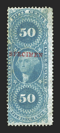 R16S-H53S-H, 3c-50c First Issue revenues, with Specimen overprint, twelve different with black or red overprints, most with strong attractive colors, some small faults, one
with s.e. at top and another with a sealed tear, fine appearance Spe