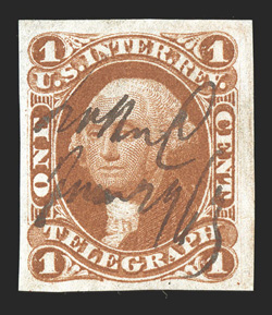 R4a, 1c Telegraph, imperforate, especially choice example, featuring large to very large margins all around, gloriously rich color and a detailed impression on crisp white
paper, neat 1863 ms. cancel, extremely fine.