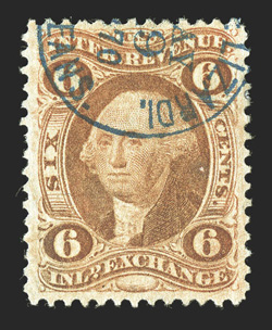 R30d, 6c Inland Exchange, silk paper, handsome single used with bold blue 1870 handstamped cancel, beautifully centered, deep rich color on fresh paper, extremely
fine.