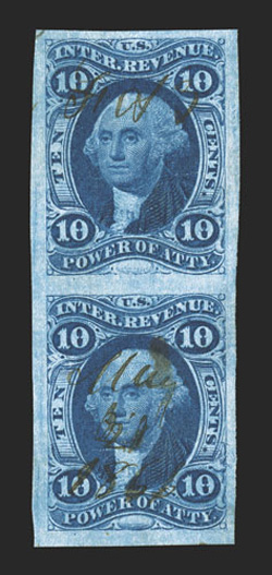 R37a, 10c Power of Attorney, imperforate, a lovely appearing vertical pair, with exceedingly large balanced margins all around, plus its color is an eye-arresting deep shade
and its impression prooflike on fresh paper, light 1866 ms. cancels, fa