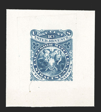 RO82P1, RO82TC1, Excelsior Match Co., Syracuse, N.Y., 1c Black large die proof and 1c Blue large die trial color proof on India paper, four examples of the former and five of
the latter, some mounted on small card, one proof toned and one trial