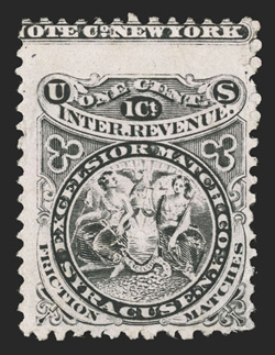 RO82, Excelsior Match Co., Syracuse, N.Y., 1c Black group comprised of three singles, a part imprint block of four and a block of six on silk paper, three singles and a strip
of three on pink paper and a single on watermarked paper, also a singl