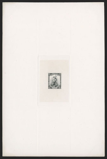 RO120TC1, Ives & Judd Match Co. 1c Black large die trial color proof on India paper mounted on full sized card measuring 151x127mm, with blue 18185 Bureau of Engraving and
Printing proving room number on reverse, mounted on Joyce album page, e