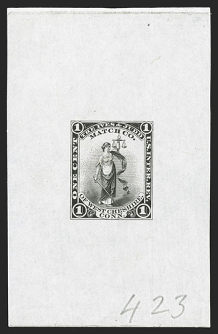 RO120TC1, Ives & Judd Match Co. 1c Black large die trial color proof on India paper measuring 48x75mm, which is larger than the die sinkage and larger than that usually used by
the B.E.P., very fine ex-Joyce.