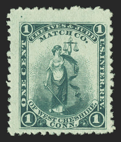 RO120d, Ives & Judd Match Co., 1c Green, watermarked, huge margins, deep rich color on fresh paper, very fine for this.