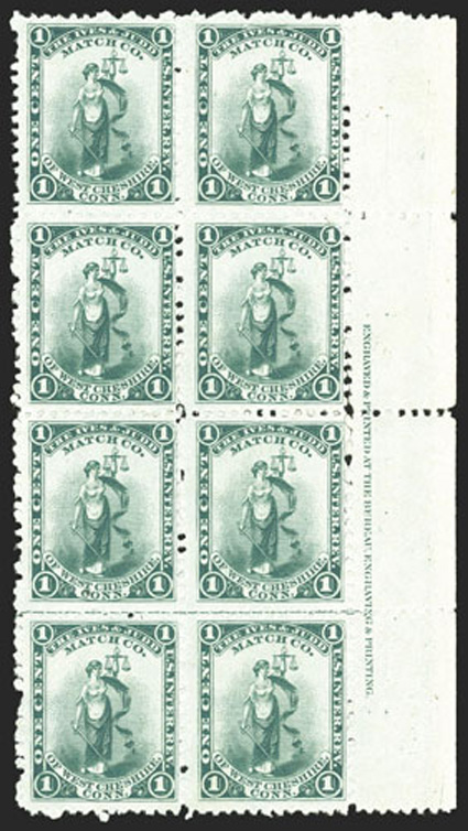 RO120d, Ives & Judd Match Co., 1c Green, watermarked, an exceedingly rare right margin Bureau of Engraving and Printing imprint block of eight (2x4), luxuriant color on fresh
paper, a few internal perf. separations at right, fine.