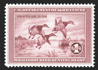 RW2,1935 $1.00 Rose lake, a beautiful mint example of this key Hunting Permit stamp, flawlessly centered within large margins, rich luxuriant color and a sharp impression on
pristine white paper, unblemished o.g., without a single bend or skip,