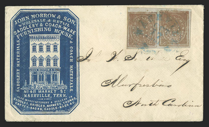 61X5, Nashville, Tenn., 5c Violet brown on gray blue ribbed paper, magnificent quality horizontal pair in a bright red brown shade, being exceptionally fresh on strongly blued
paper, just clear to mostly enormous margins all around, this excepti
