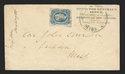 12, 10c Blue, single with four large margins and deep color, tied by West Point, Miss c.d.s. on cover to Jackson, Miss., with Inspector Generals Office. Department of Alabama,
Mississippi and East Louisiana, Official Business. semi-officia