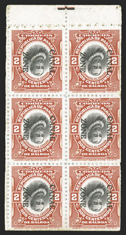 39f, 2c Vermilion and black, booklet pane of six, perforated margins, Canal Zone and Center Inverted, with bi-colored T registration marker in the top selvage tab, an
incredibly rare and striking booklet pane error of which only a handful ha