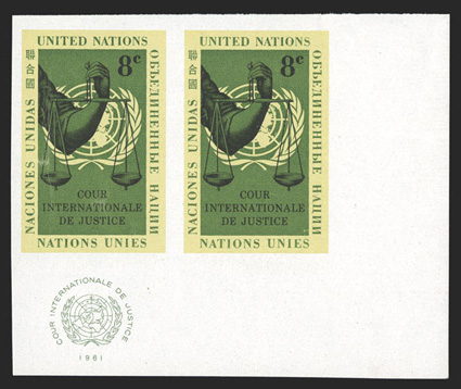 89P1, 1961 8c International Court of Justice imperforate, bottom right corner margin imprint horizontal pair, large margins, o.g., n.h., extremely fine only 100 pairs
exist.