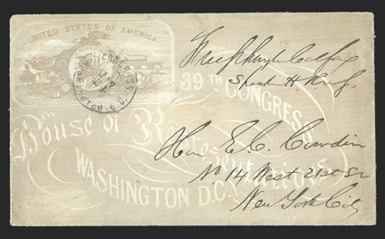 Free frank lot of nine covers, most are around the Civil War, includes S.P. Chase as senator (with original ALS included), Schuyler Cofax (three, one as Speaker of the House on
congressional illustrated cover, one as Vice-President and another as