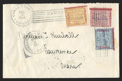 1-3, 2c-10c 1904 Handstamped overprints cplt., one of each value tied by Cristobal July 5, 1904 postmarks on cover to Massachusetts (backstamped), the 2c being the 16mm
variety, 5c is position 91, with arrow marker at bottom, bright and fresh, f