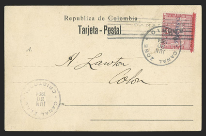 1, 2c Rose, fresh single tied to picture postcard by Bohio June 30, 1904 postmark, with additional Cristobal c.d.s., addressed to Colon, fine.