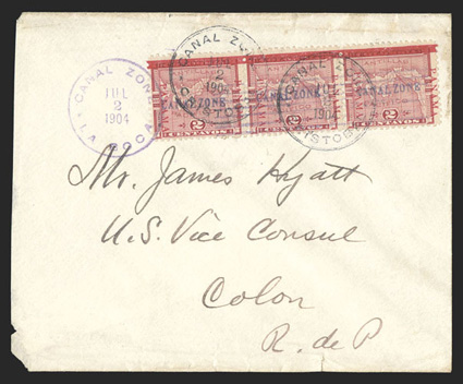1 var., 2c Rose, missing last A of Panama, horizontal strip of three, the error being the left stamp, which is missing the A at right, tied by Cristobal July 2, 1904 postmarks
on cover to Colon, cover with minor edge flaws and slightly red