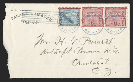 1a, 2c Rose, inverted overprint, horizontal pair from the bottom row of the sheet, together with 5c Blue, diagonal Canal Zone (2d, which is scarce in its own right), all tied
by Bohio July 8 1904 c.d.s. postmarks on cover with Panama Railroad