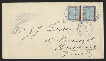 2, 5c Blue, horizontal pair tied by magenta Gorgona July 7, 1904 c.d.s. postmarks on cover to Hamburg, Germany, Cristobal July 7, 1904 c.d.s. also tied one stamp, Colon and New
York transit backstamps, Hamburg receiver, fine and scarce one of o
