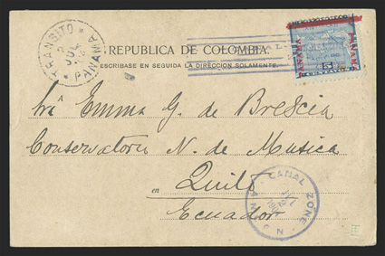 2, 5c Blue, single tied by magenta Ancon July 2, 1904 postmark on picture postcard to Quito, Ecuador, Panama transit and faint Ecuador receiver on the picture side, stamp with
a couple tiny toned specks, picture side with small hinge marks,
