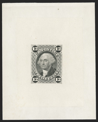 69-E4a, 12c Black, die essay on India, mounted on 60x76mm card, with die sinkage at top and bottom, crisp impression, fresh and very fine ex-Lake Shore.