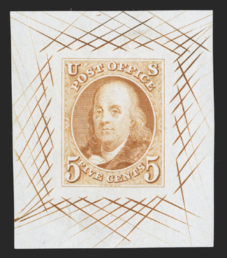 1TC1, 5c Franklin, large die trial color proof in Orange yellow on white bond, 42x52mm with cross-hatching, vibrant color on crisp paper, very fine.