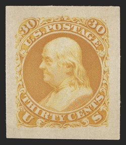 71P2a, 30c Orange, Panama-Pacific small die proof on wove, large balance margins, bright color, extremely fine only three to five examples in existence 1983 PF
certificate.