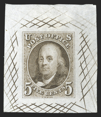 1TC1, 5c Franklin, large die trial color proof in Black brown on white bond, 32x39mm with cross-hatching, bright color, very fine: ex-Chesapeake.