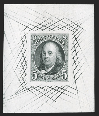 1TC1, 5c Franklin, large die trial color proof in Black on white bond, 44x53mm with cross-hatching, marvelously fresh, faint surface rub at top, otherwise very
fine.
