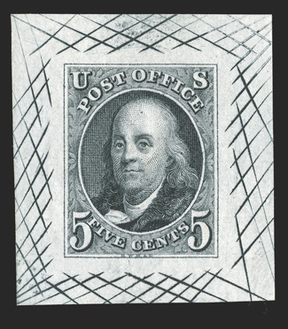 1TC1, 5c Franklin, large die trial color proof in Black on white bond, 31x34mm with full cross-hatching, highly detailed impression in this popular and desirable color, very
fine.