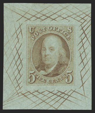 1Pb, 5c Red brown large die proof on Green bond, showing a clear watermark in the paper, 33x40mm with cross-hatching, very fine ex-Bedford.
