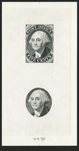 9X1-E1, 5c New York, N.Y. Postmaster Provisional, large die proof in black on India, with additional vignette below, 49x99mm mounted on thick paper, with tiny ding in the top
margin (easily trimmed), very fine.