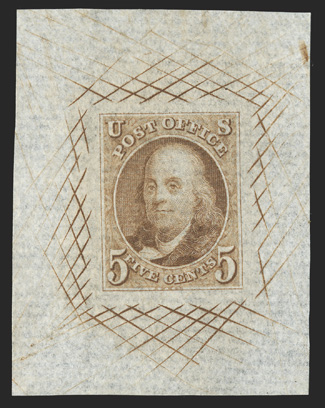 1Pc, 5c Red brown, large die proof on white laid paper, 38x50mm with full cross-hatching, fresh color, very fine a nice large size example of this elusive proof 1991 PF
certificate.