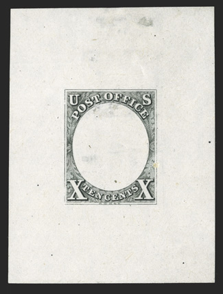 2-E3, 10c Black, frame only die essay on India, 41x55mm, fresh color, a few minor India paper translucent stains, small surface nick in the right frame line, very fine
appearance a very rare essay of the 1847 Issue.