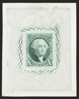 2TC1, 10c Washington, large die trial color proof in Dark green on India, 51x64mm die sunk with cross-hatching, bright color, shallow thin at top, otherwise extremely
fine.