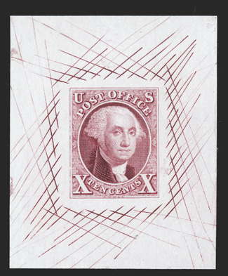 2TC1, 10c Washington, large die trial color proof in Rose lake on India, 43x53mm with full cross-hatching, bright and fresh, very fine ex-Bedford.