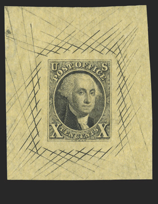 2Pb, 10c Black, large die proof on Yellow bond, with a portion of the watermark, 41x48mm with cross-hatching, very fine a select large size example ex-Bedford.