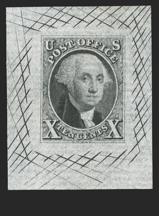 2Pc, 10c Black, large die proof on white laid paper, 31x39mm with cross-hatching, intense color and impression, very fine.