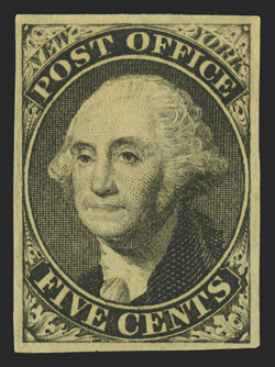 9X1TC var., 5c New York, N.Y. Postmaster Provisional, Black plate proof on Yellow wove, position 9 from the original die, fresh and very fine an extremely rare and quite possibly
unique proof, we can find no record of another such example.