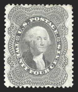 37, 24c Gray lilac, an exceptional mint example of this always difficult stamp, possessing outstanding centering which is far superior to the norm, uncommonly strong and fresh
color as well, o.g., extremely fine and desirable 1995 PF certificat