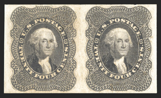 37c, 24c Lilac, imperforate, an incredibly rare horizontal pair, possessing full to large margins all around, stunning color that is remarkably deep and luxuriant, superbly
detailed impression, very fine and choice while imperforate singles of