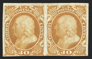 38a, 30c Orange, imperforate, horizontal pair, three large margins, a little close at bottom, bright color, large part original gum, miniscule corner crease at top left and a
faint horizontal crease at bottom, otherwise very fine there are on