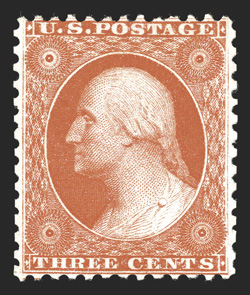 41, 3c Scarlet reprint, without gum as issued, a choice example of this very scarce and perennially difficult reprint, featuring much better centering than usual for this
value, especially when one considers how poorly centered many of these can
